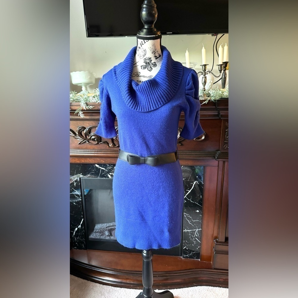 Women’s AB Studio Cobalt Blue Belted Tunic/Dress Length Knit Sweater Sz Small